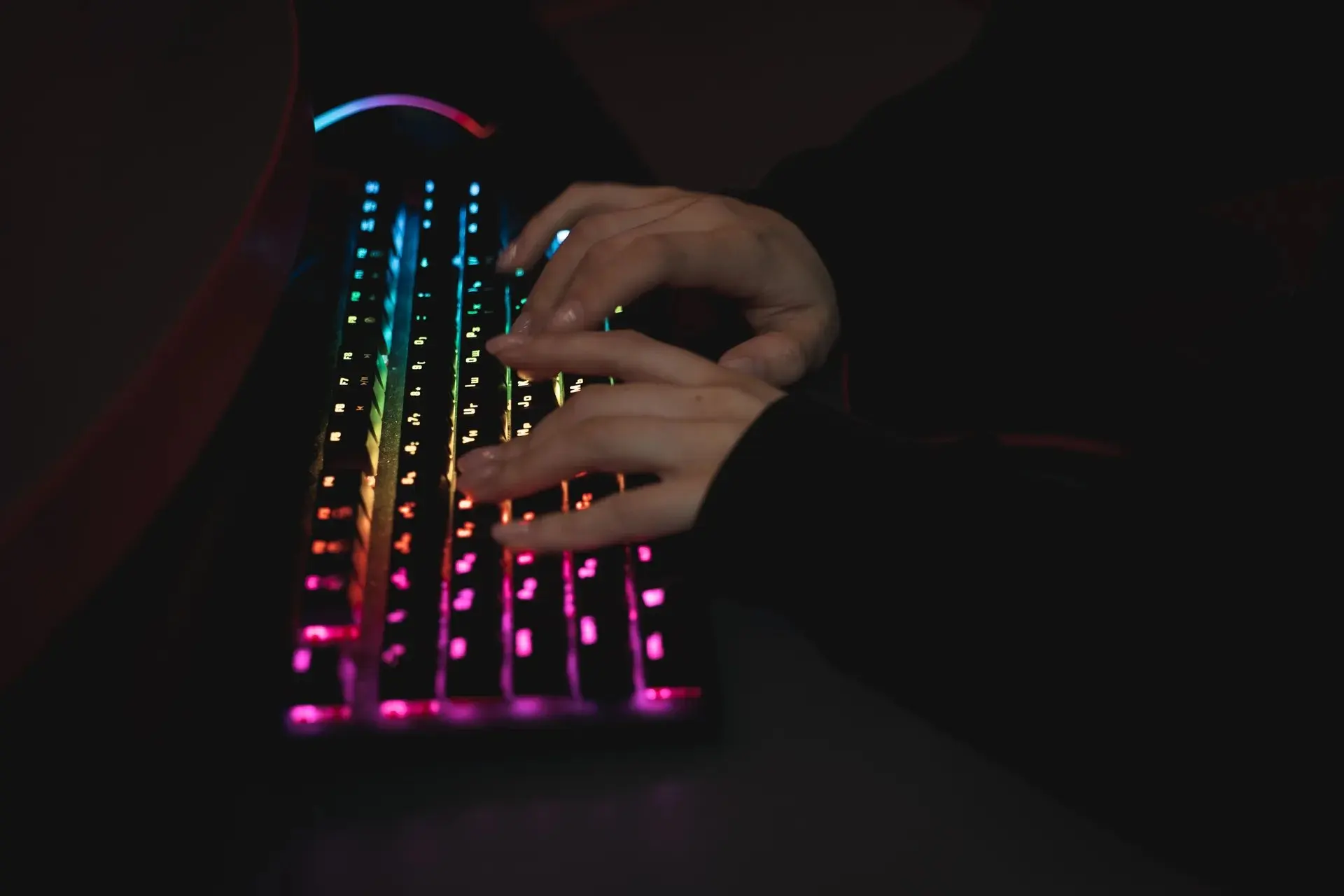 A gaming keyboard with colored lighting