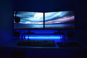 A gaming monitor and keyboard setup